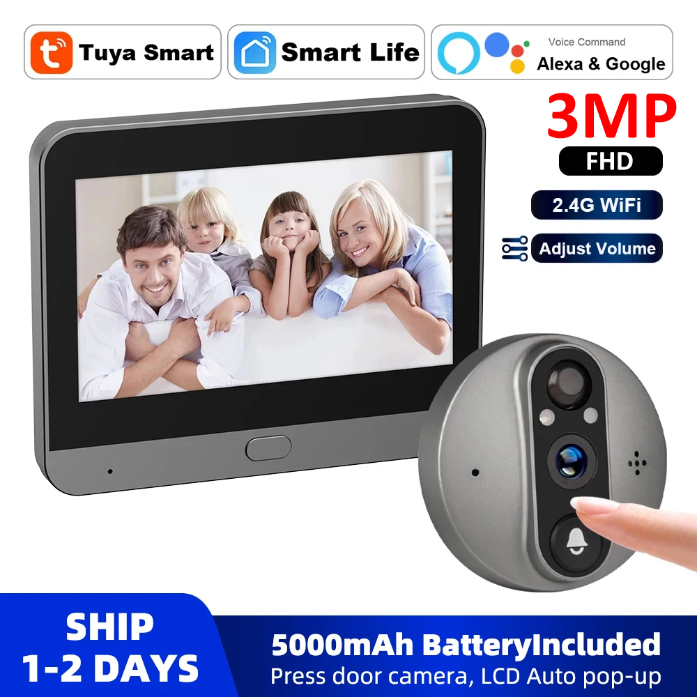 Home Security Monitoring Service - 3MP WiFi Smart Tuya Peephole 5000mAh